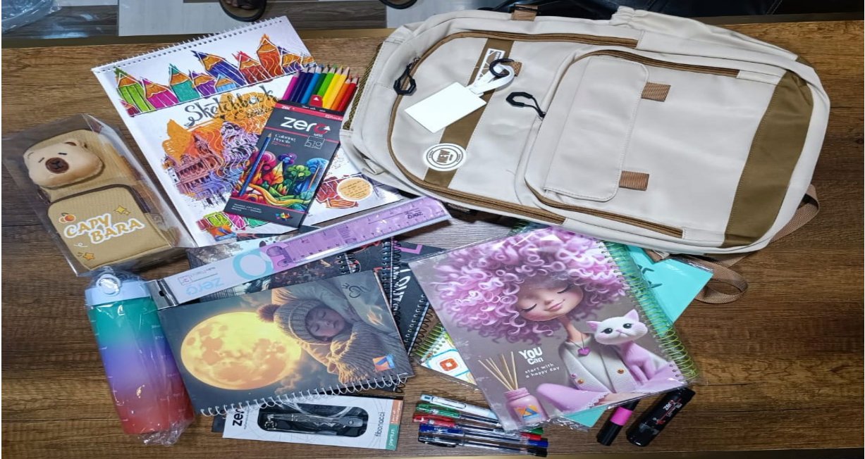 School supplies for orphan students, including a backpack, notebooks, stationery and a water bottle